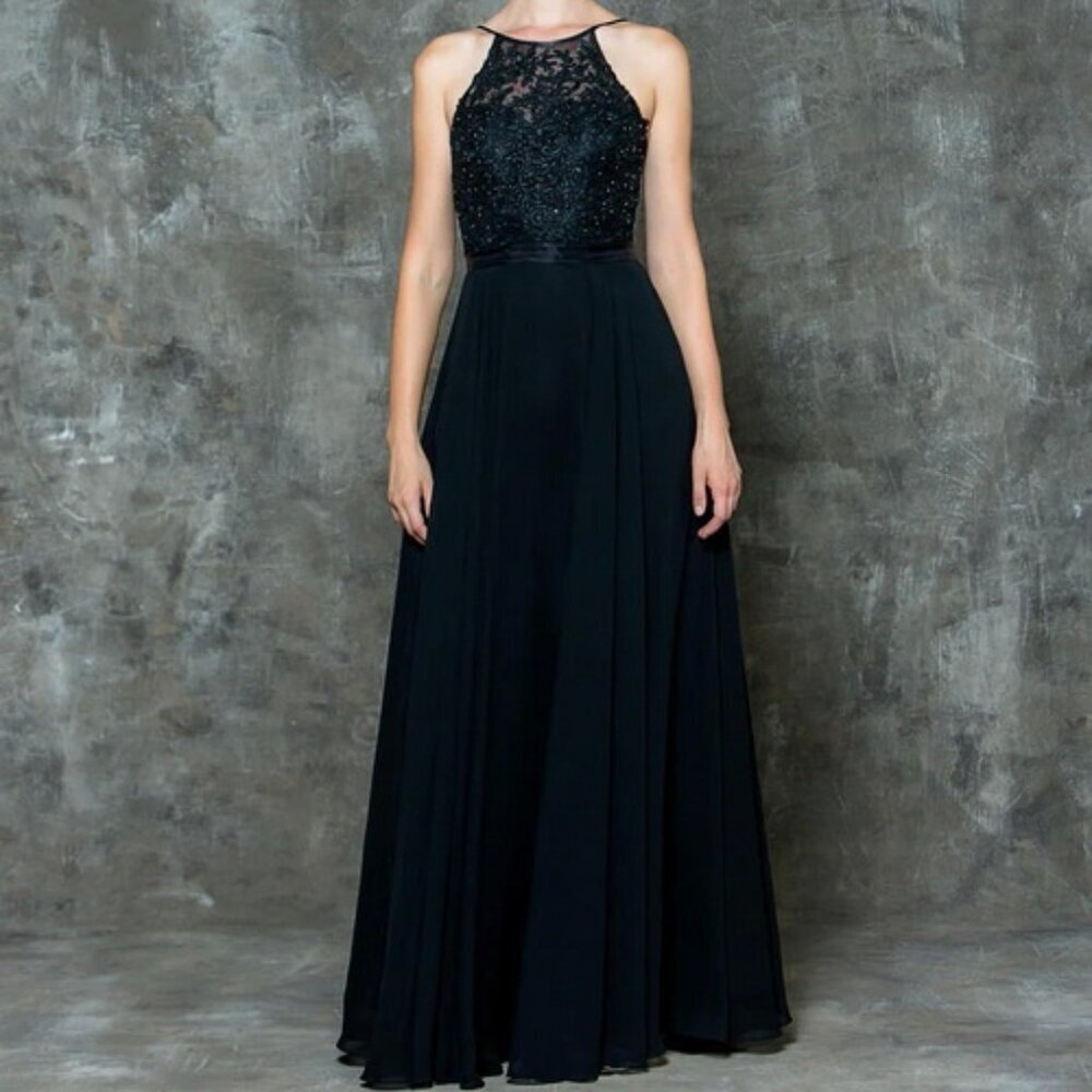 Glow By Colors Black Embroidered Beaded Chiffon Dress